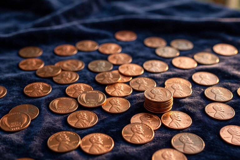 Copper Lincoln wheat pennies scattered on navy cloth