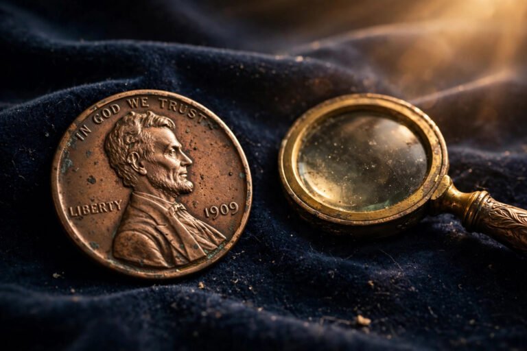 Antique 1909 copper Lincoln cent with a brass magnifying glass