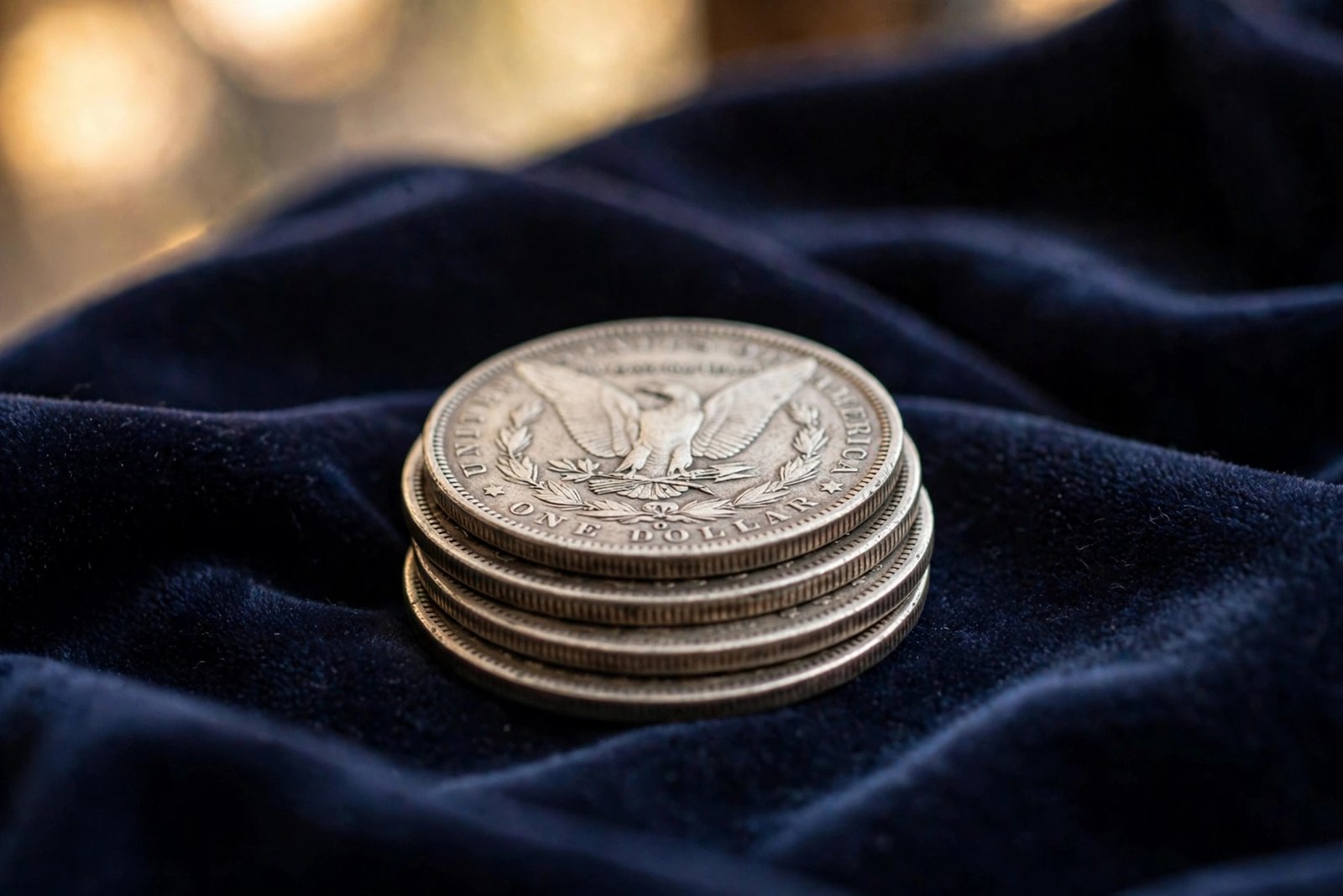 Stack of Morgan silver dollars on navy velvet