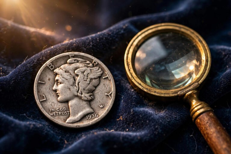 Mercury dime on navy cloth beside a magnifying glass