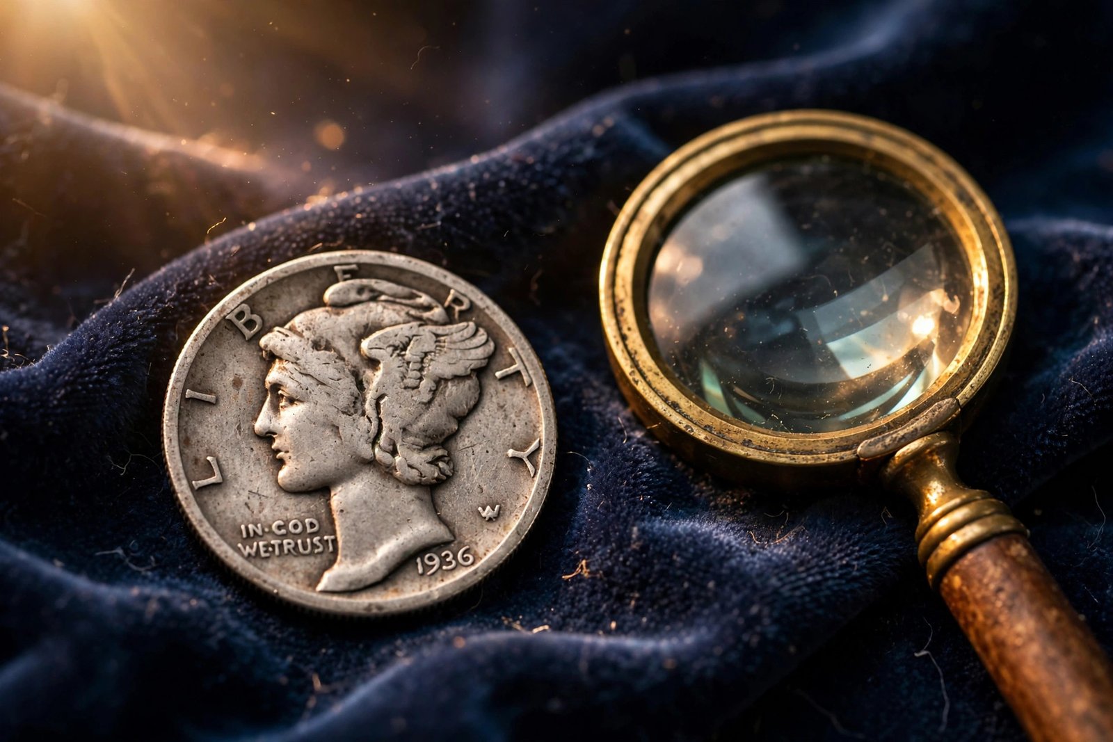 Mercury dime on navy cloth beside a magnifying glass