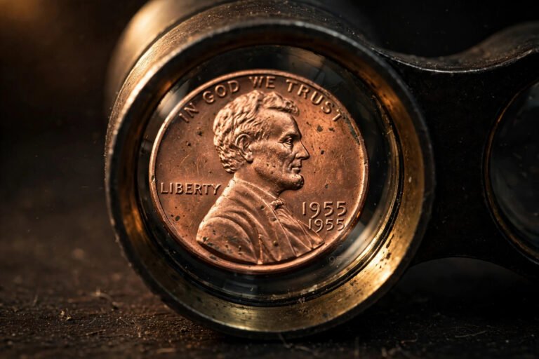 1955 Lincoln penny with doubled date seen through a loupe