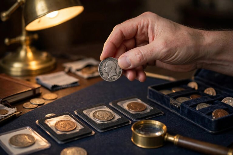 Hands holding a coin by its edges under a lamp for grading