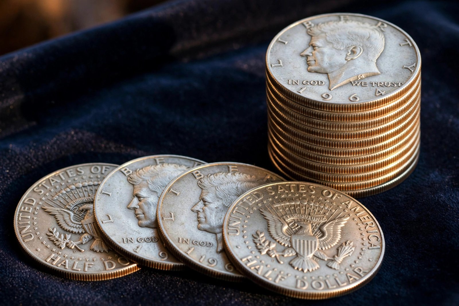 Stack of silver Kennedy half dollars