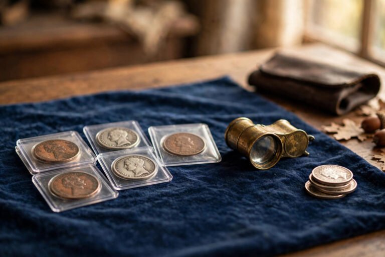 Coins in protective holders on a collector's desk