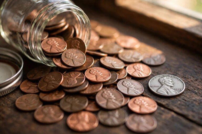 Jar of copper Lincoln pennies spilling onto dark wood, with one silver steel penny