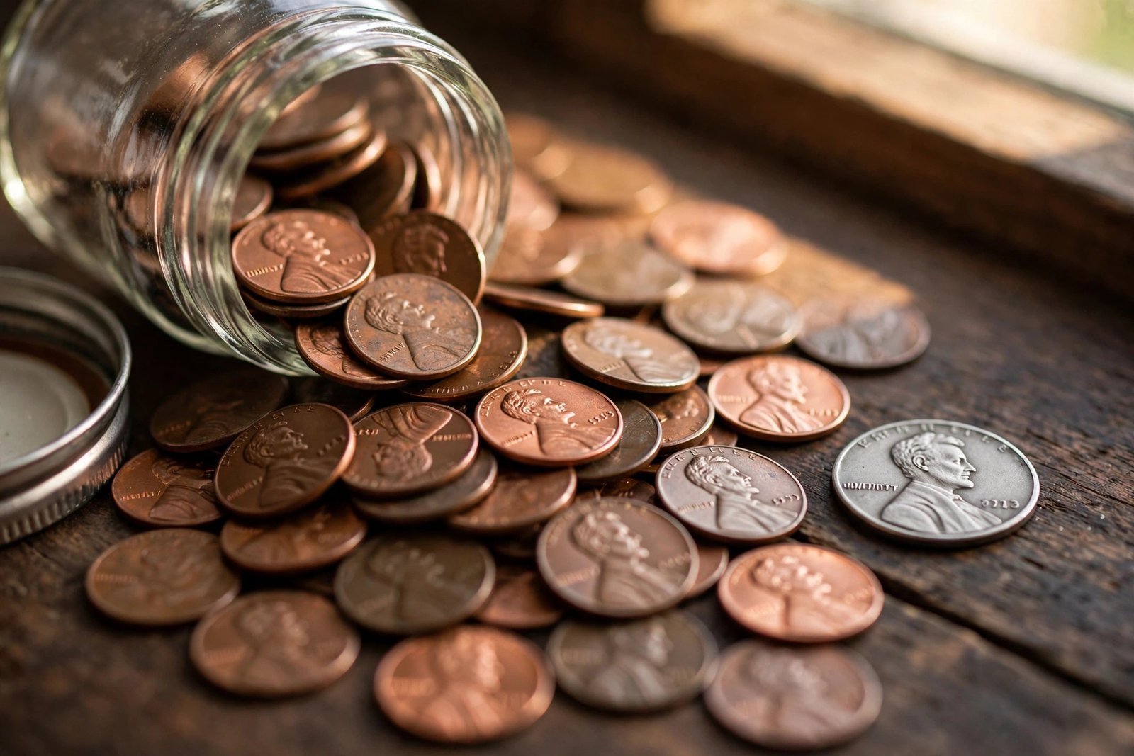Jar of copper Lincoln pennies spilling onto dark wood, with one silver steel penny